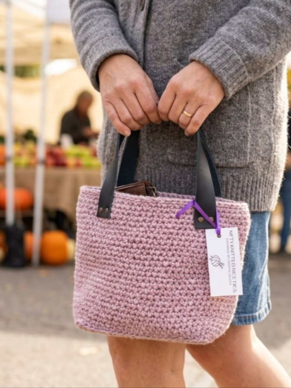 Handmade Crochet Mini Bucket Bag Genuine Leather Handles Pastel Pink Taupe